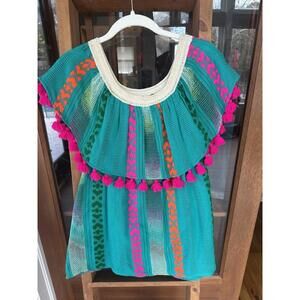 Judith March Serape Blouse Top Tassels Size M Festive Cotton Poncho